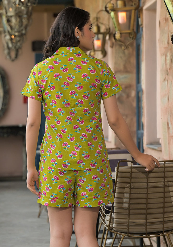 Divena Green Floral Cotton Shirt With Shorts Nightsuit