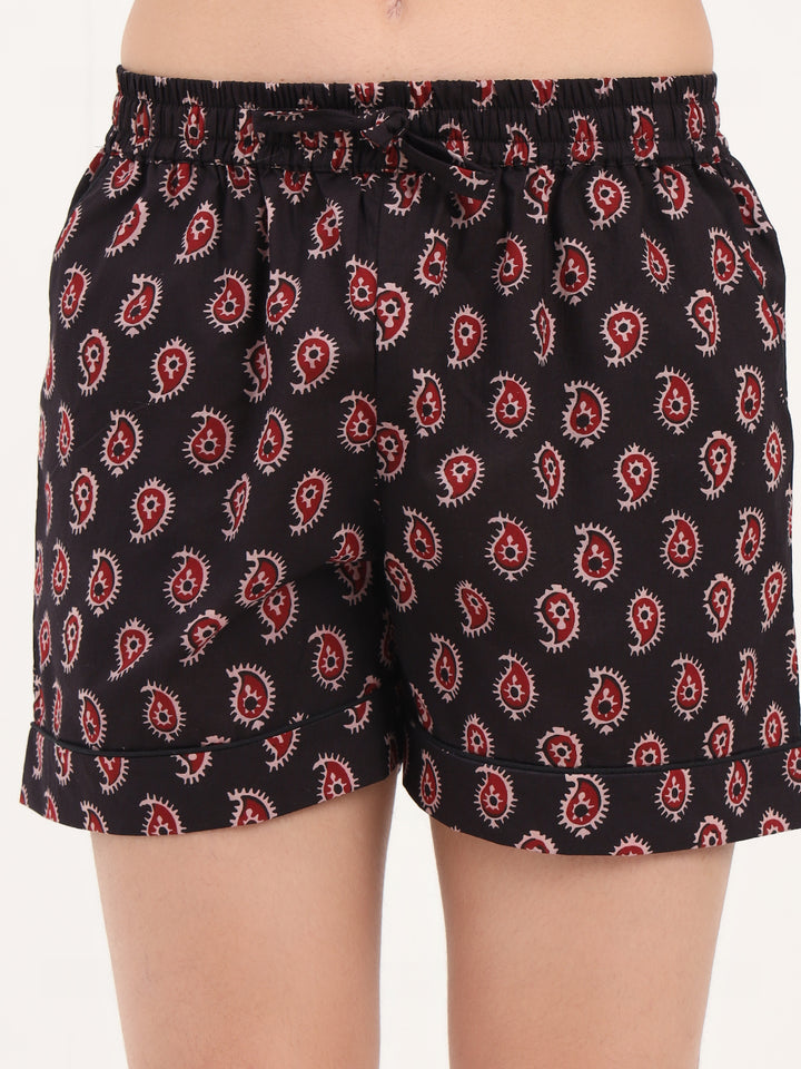 Divena Black Paisley Print Cotton Shorts