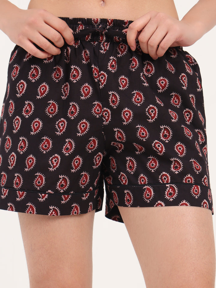 Divena Black Paisley Print Cotton Shorts
