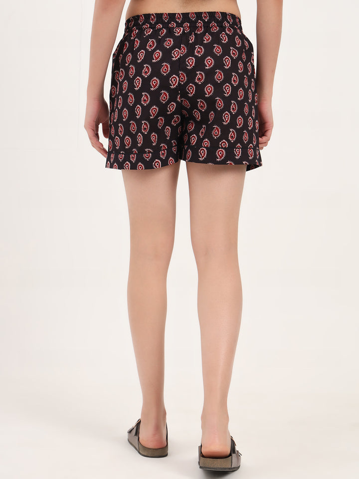 Divena Black Paisley Print Cotton Shorts