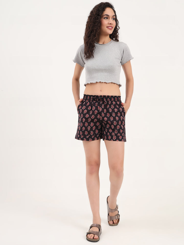 Divena Black Paisley Print Cotton Shorts