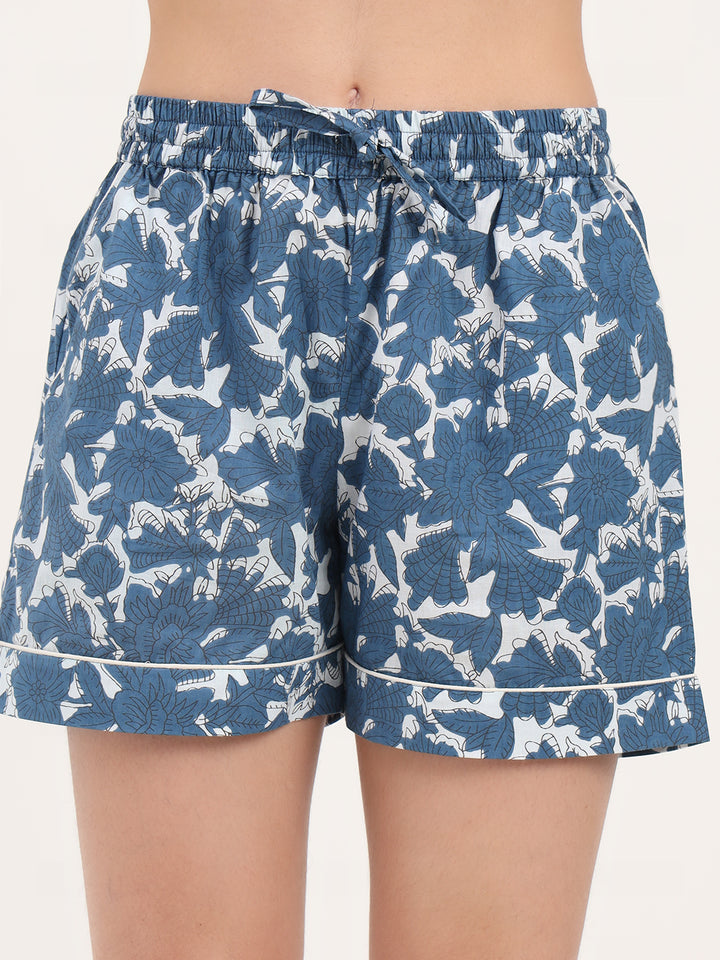 Divena Blue Floral Print Cotton Shorts