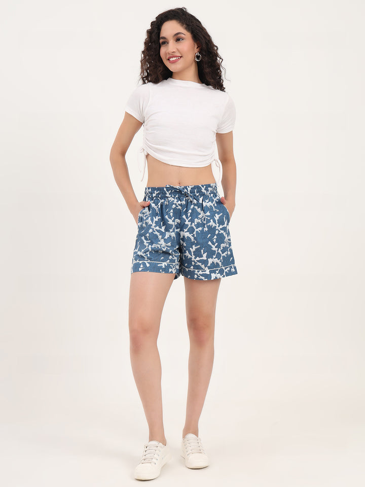 Divena Blue Floral Print Cotton Shorts
