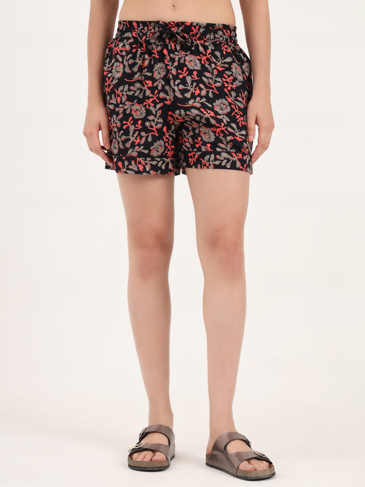 Divena Black Floral Print Cotton Shorts