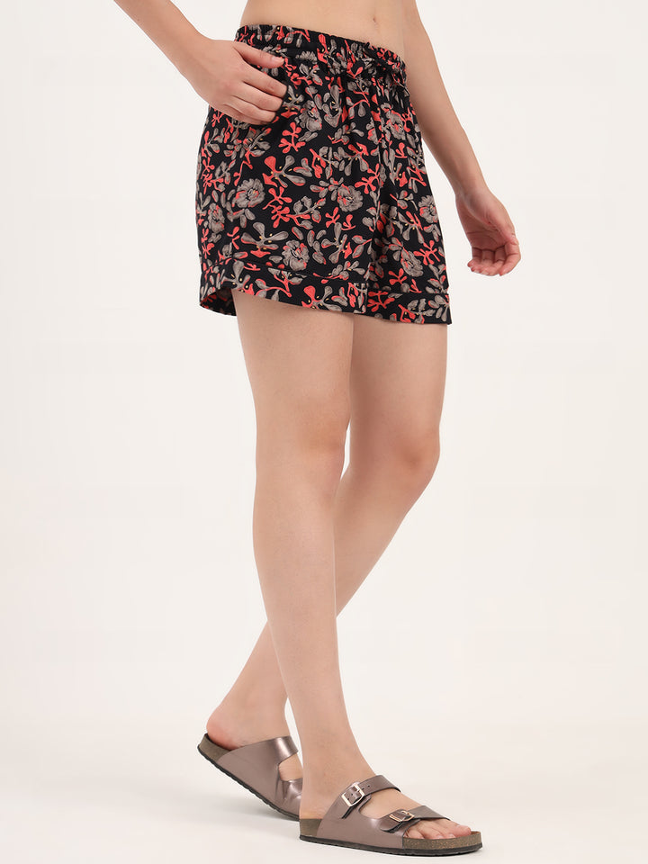 Divena Black Floral Print Cotton Shorts