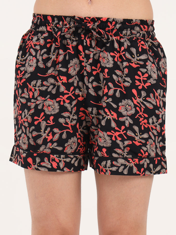 Divena Black Floral Print Cotton Shorts