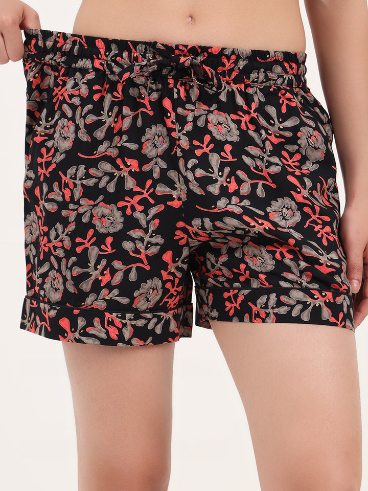 Divena Black Floral Print Cotton Shorts
