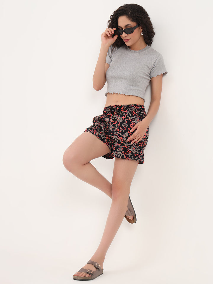 Divena Black Floral Print Cotton Shorts