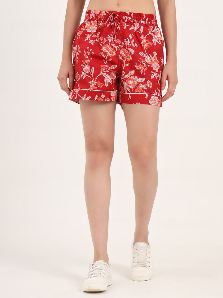 Divena Red Floral Print Cotton Shorts