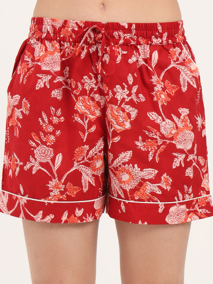 Divena Red Floral Print Cotton Shorts
