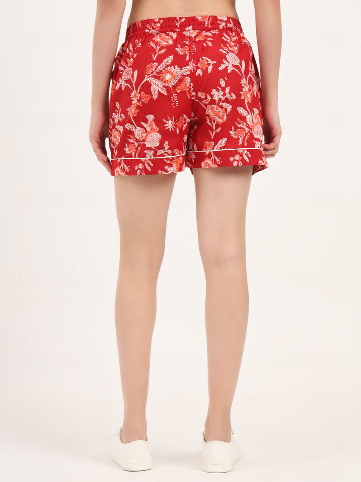Divena Red Floral Print Cotton Shorts