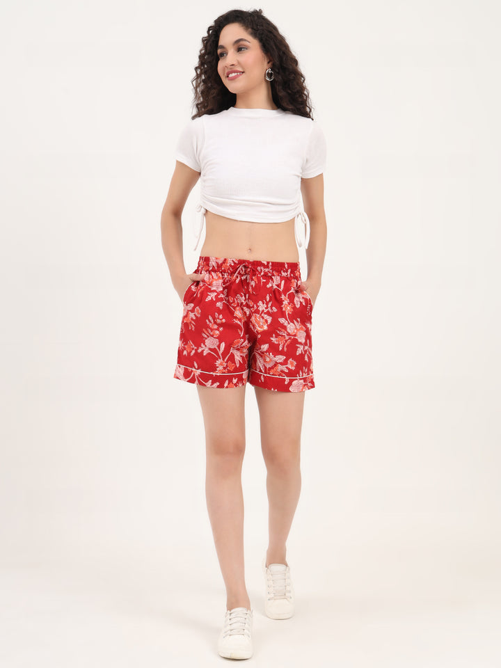 Divena Red Floral Print Cotton Shorts