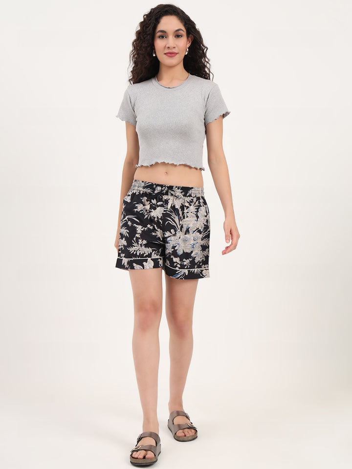 Divena Dark Black Floral Print Cotton Shorts