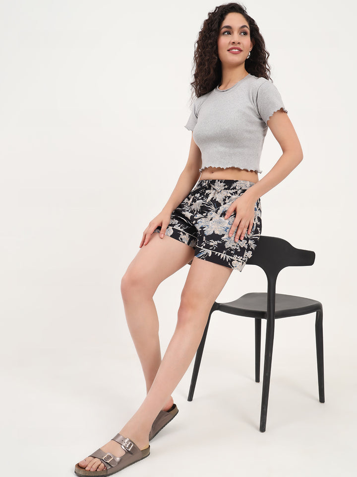 Divena Dark Black Floral Print Cotton Shorts