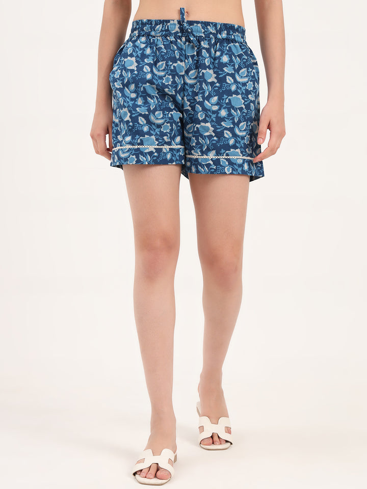 Divena Light Blue Floral Print Cotton Shorts