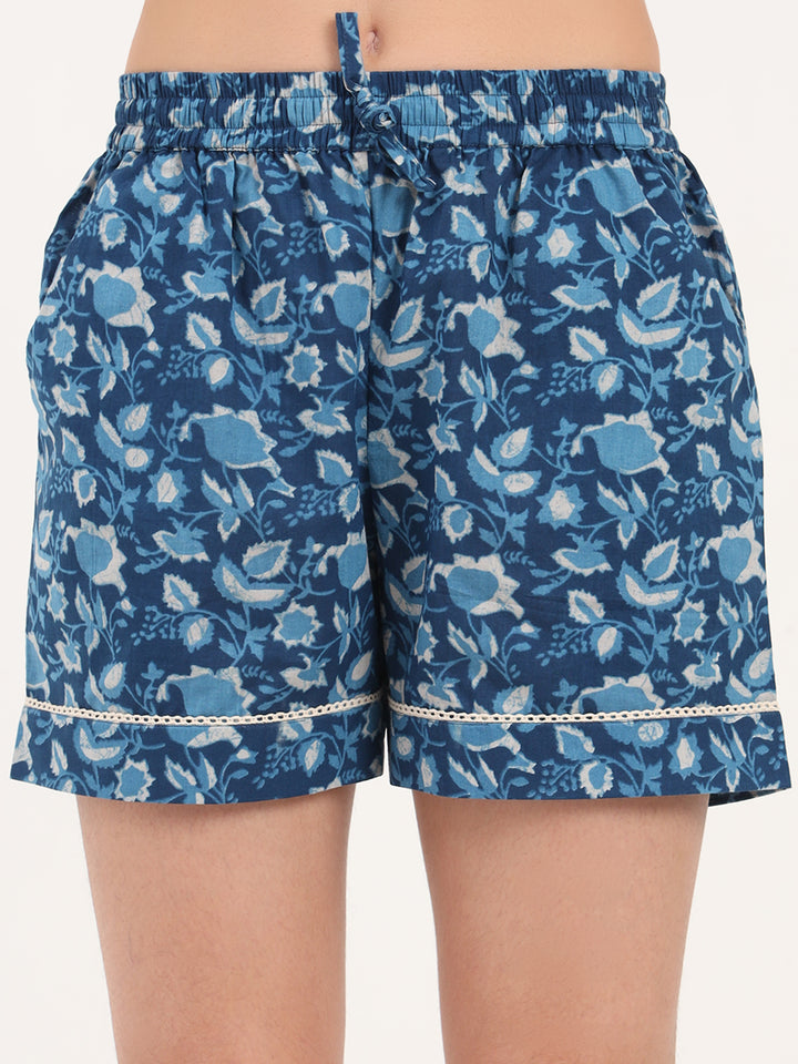 Divena Light Blue Floral Print Cotton Shorts
