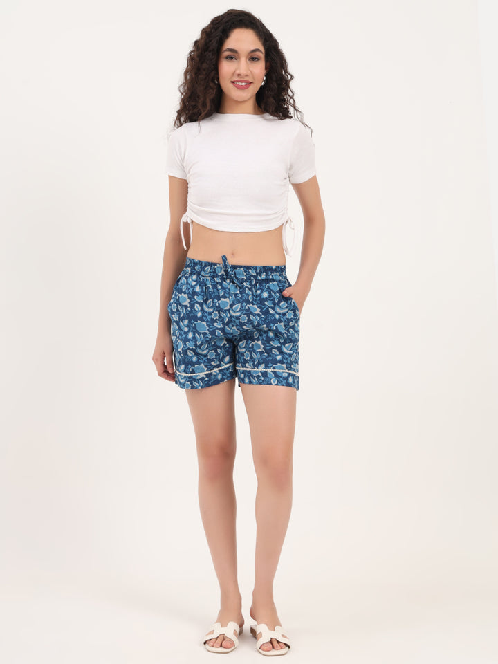 Divena Light Blue Floral Print Cotton Shorts