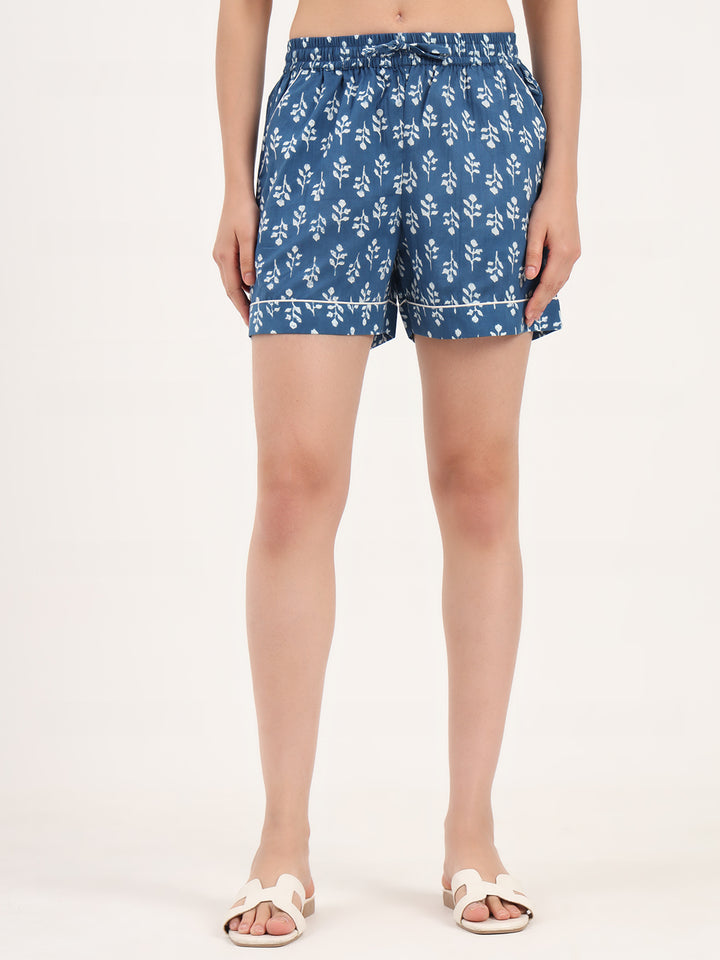 Divena Blue Floral Print Cotton Shorts