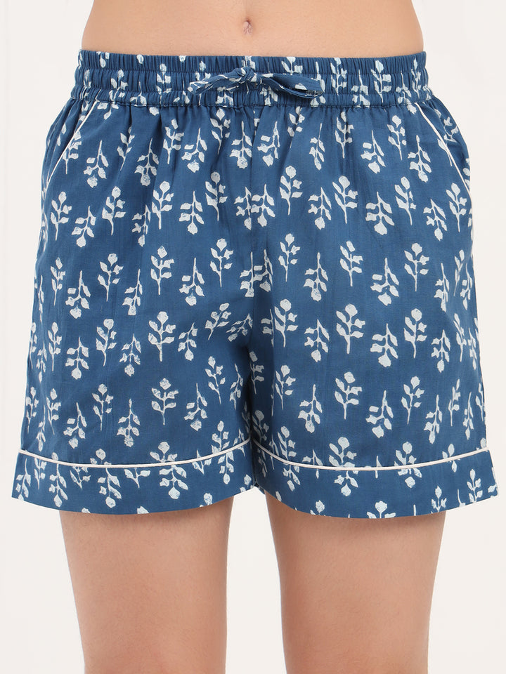 Divena Blue Floral Print Cotton Shorts