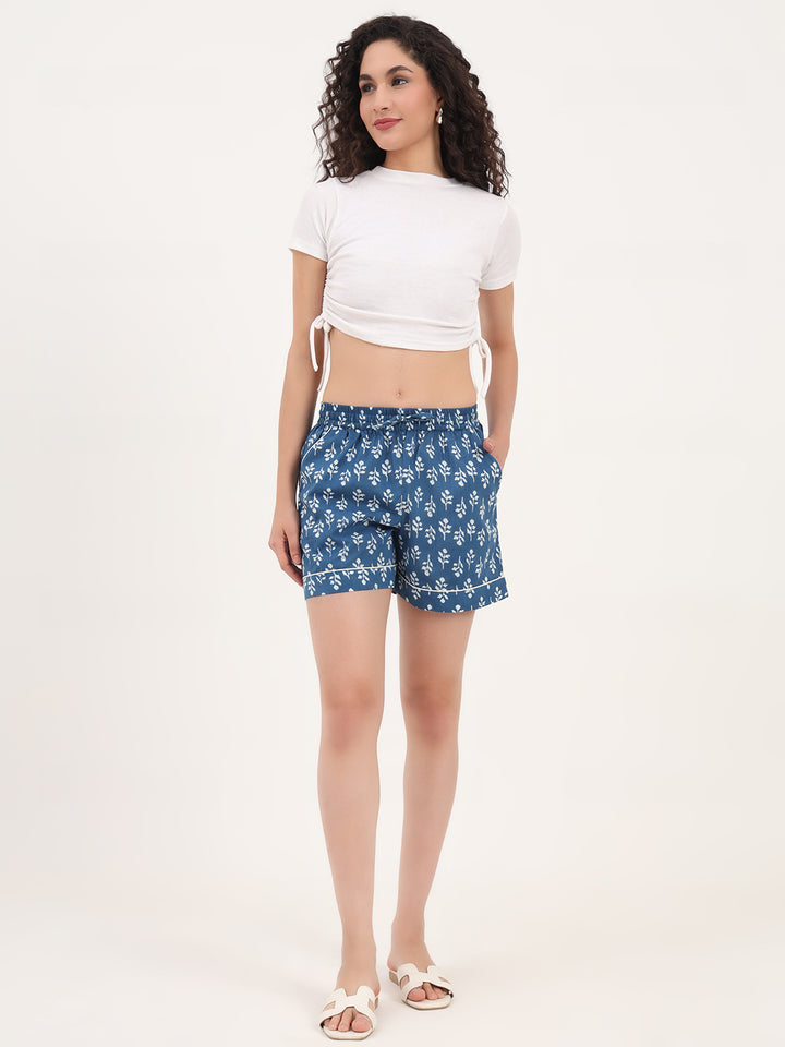Divena Blue Floral Print Cotton Shorts