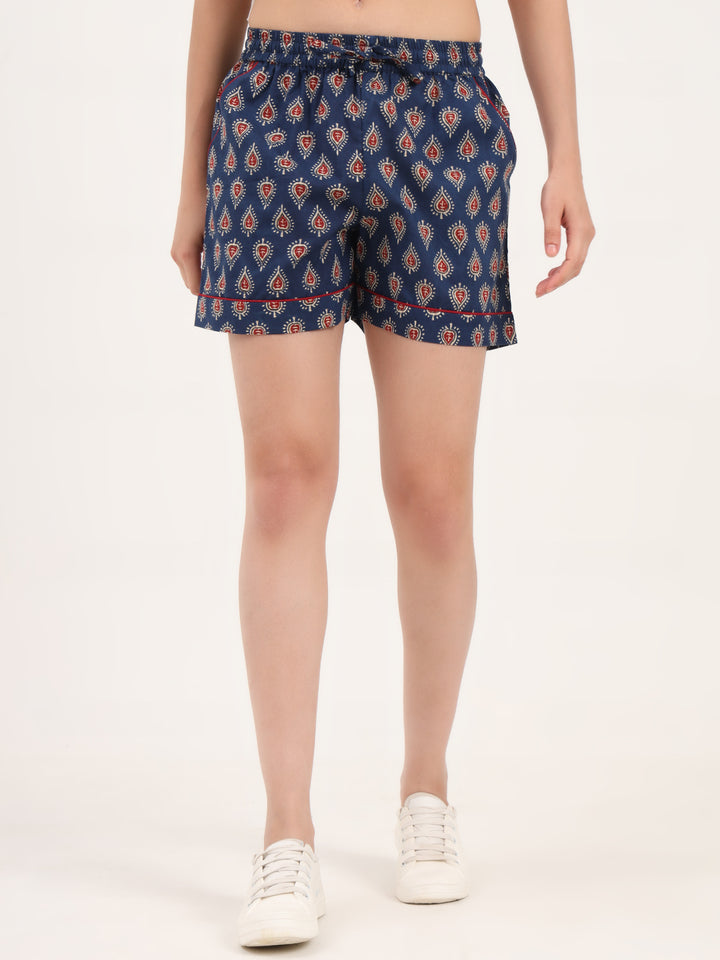 Divena Navy Blue Paislay Print Cotton Shorts