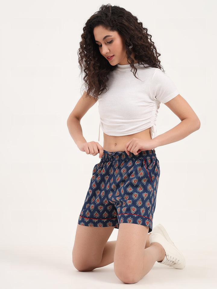 Divena Navy Blue Paislay Print Cotton Shorts