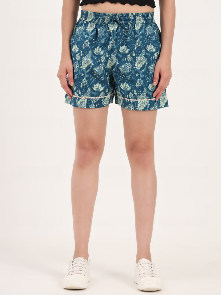 Divena Blue Floral Print Cotton Shorts