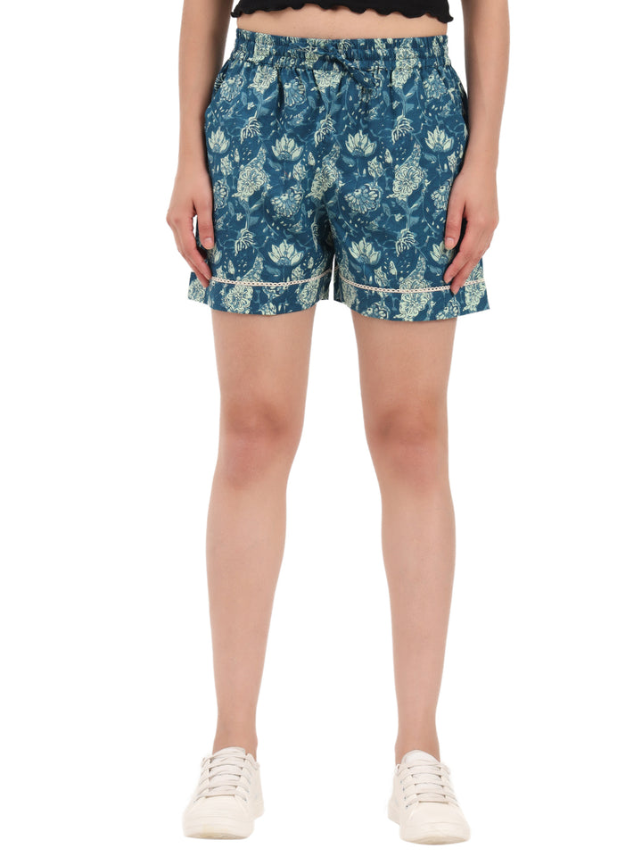 Divena Blue Floral Print Cotton Shorts
