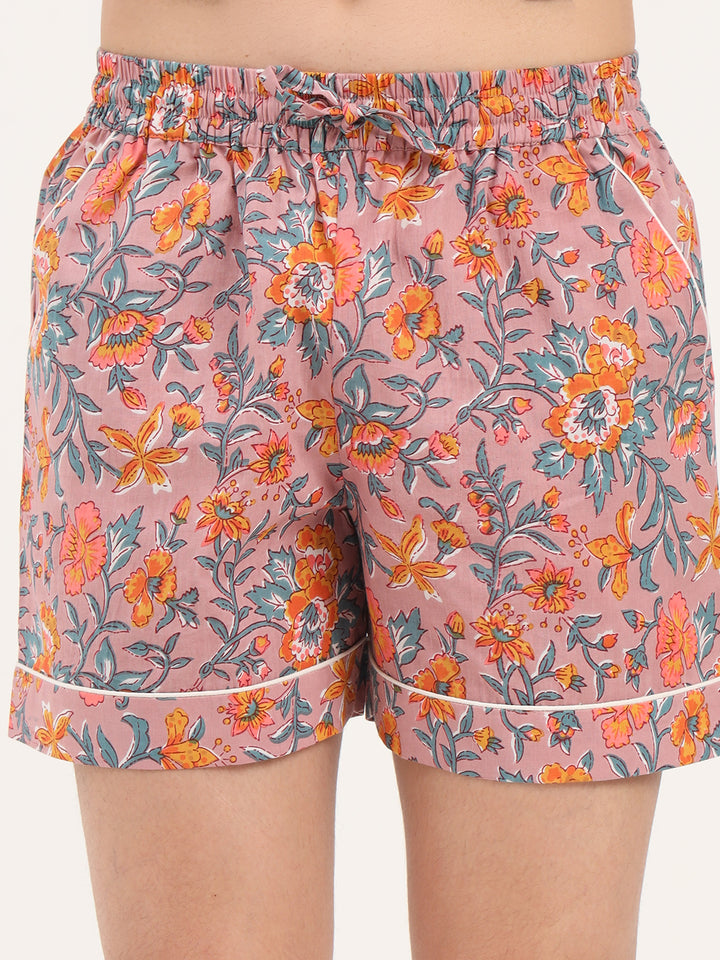 Divena Orange Floral Print Cotton Shorts
