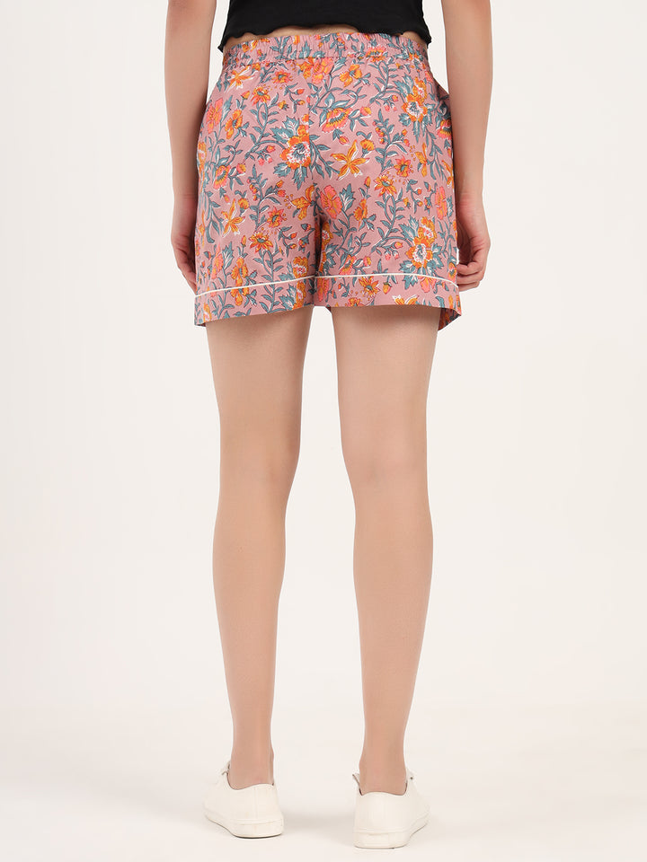 Divena Orange Floral Print Cotton Shorts