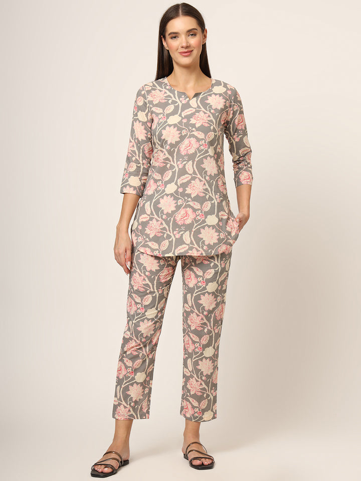 Divena Grey Floral Print Cotton Regular Fit Night Suit