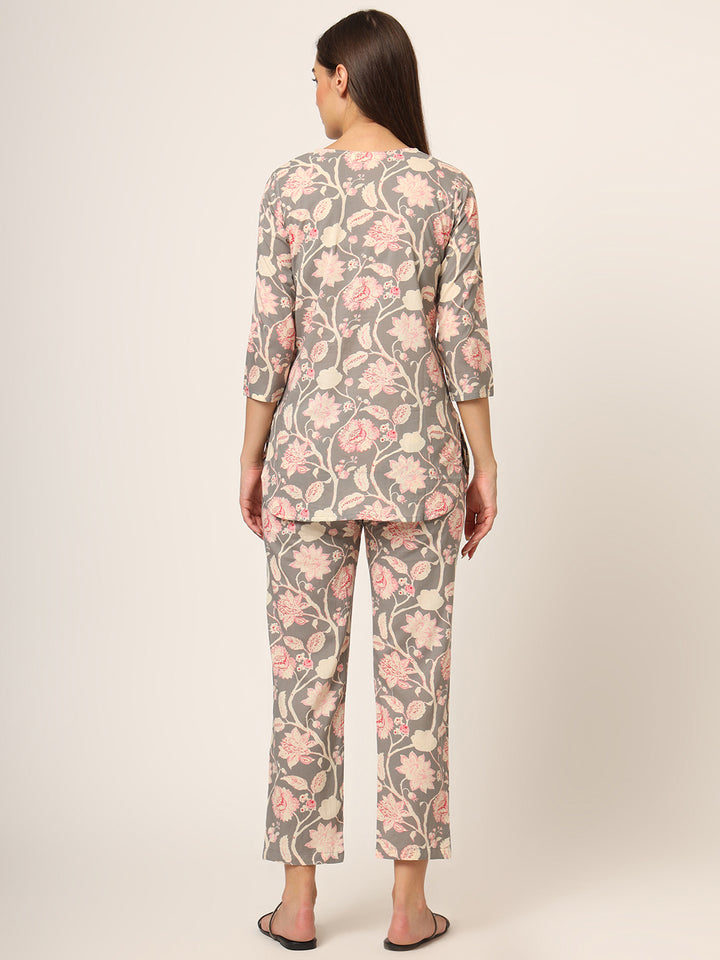 Divena Grey Floral Print Cotton Regular Fit Night Suit