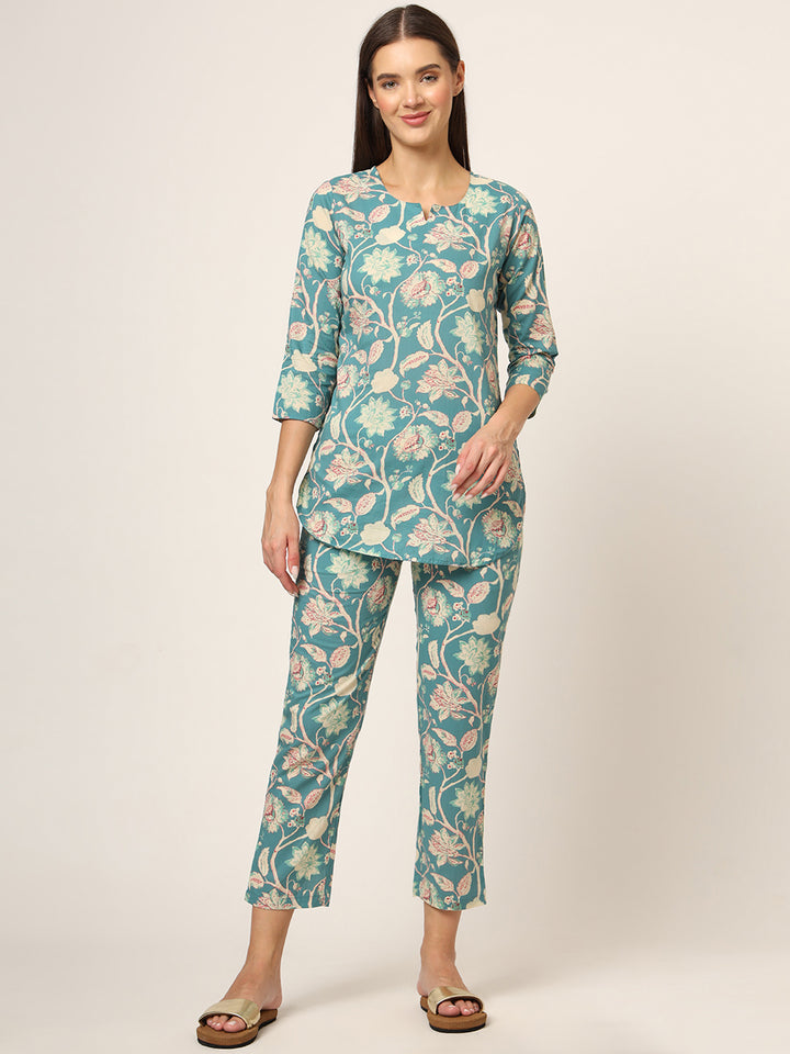 Divena Green Floral Print Cotton Regular Fit Night Suit