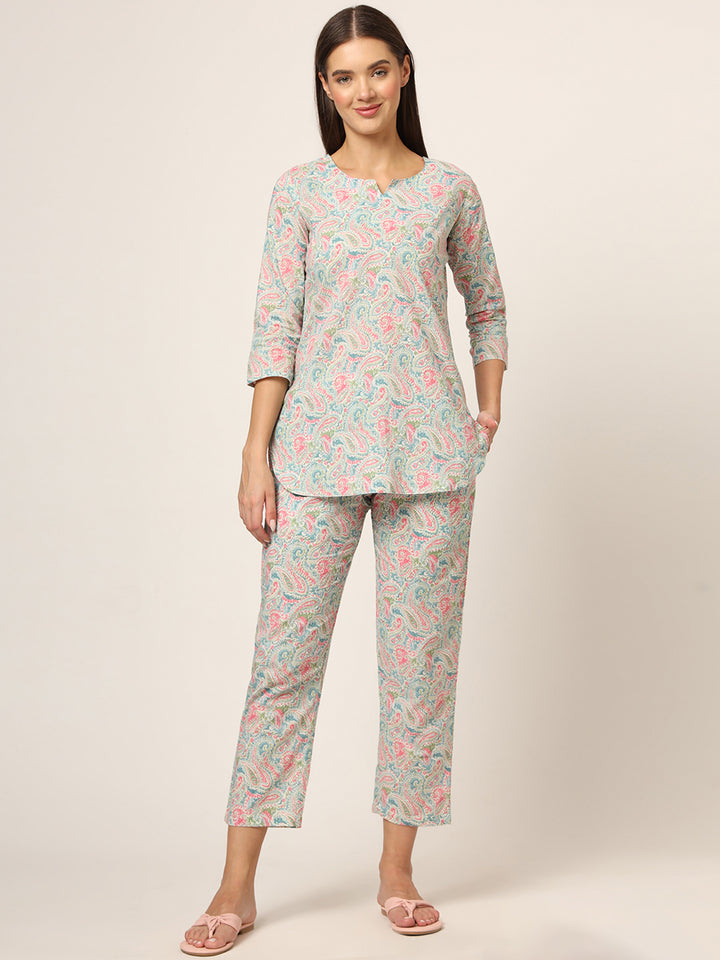 Divena Blue Multi Floral Print Cotton Regular Fit Night Suit