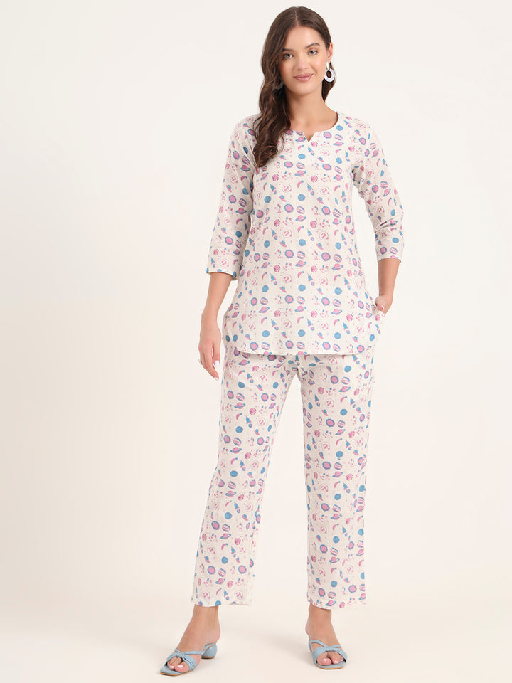 Divena White Printed Cotton Night Suit Sets