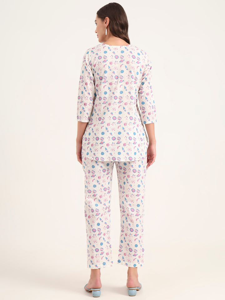 Divena White Printed Cotton Night Suit Sets