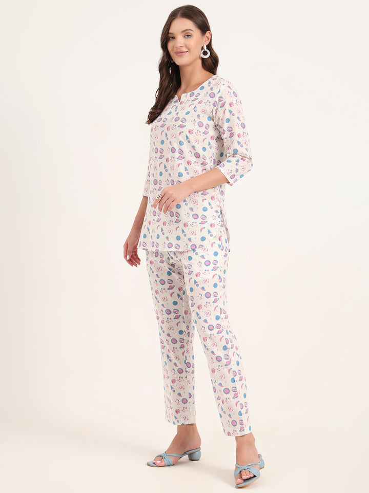 Divena White Printed Cotton Night Suit Sets