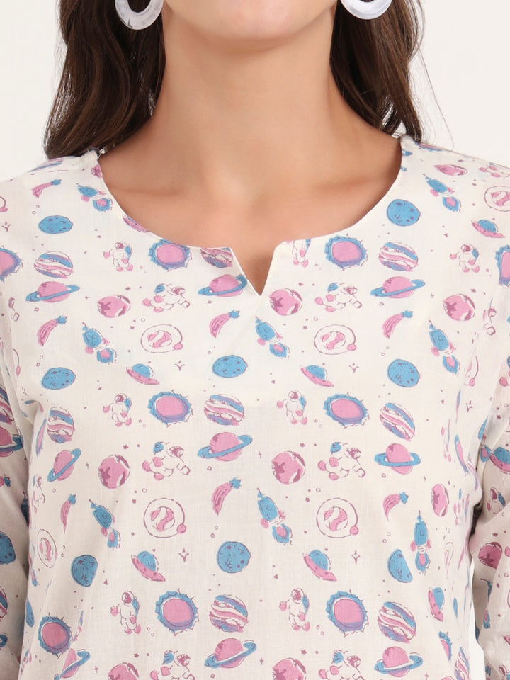 Divena White Printed Cotton Night Suit Sets