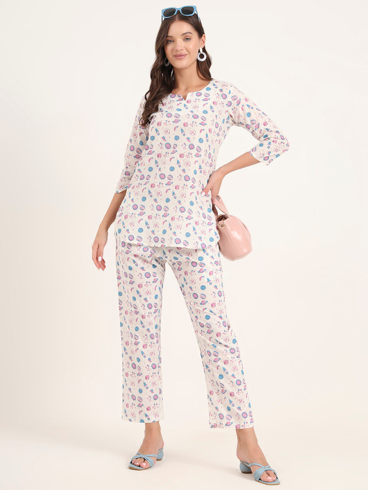 Divena White Printed Cotton Night Suit Sets