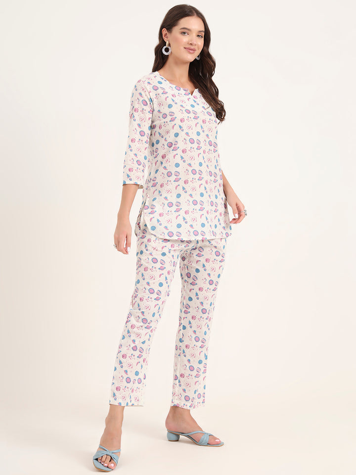 Divena White Printed Cotton Night Suit Sets