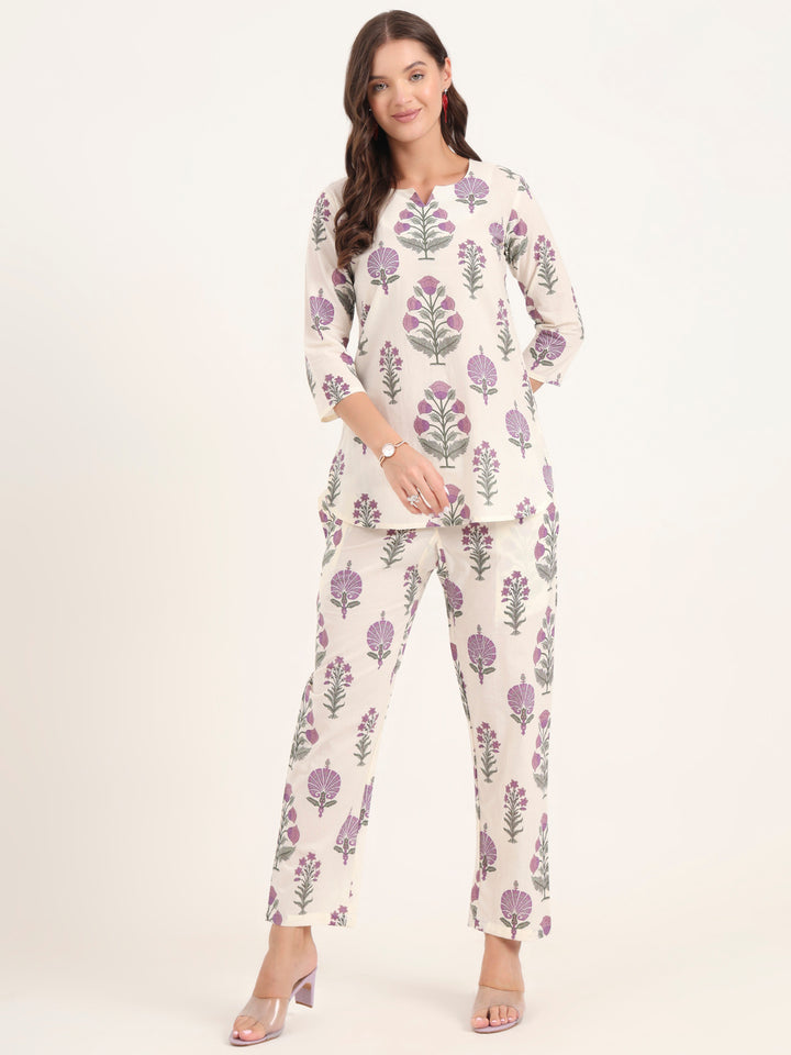 Divena Cream Printed Cotton Night Suit Sets