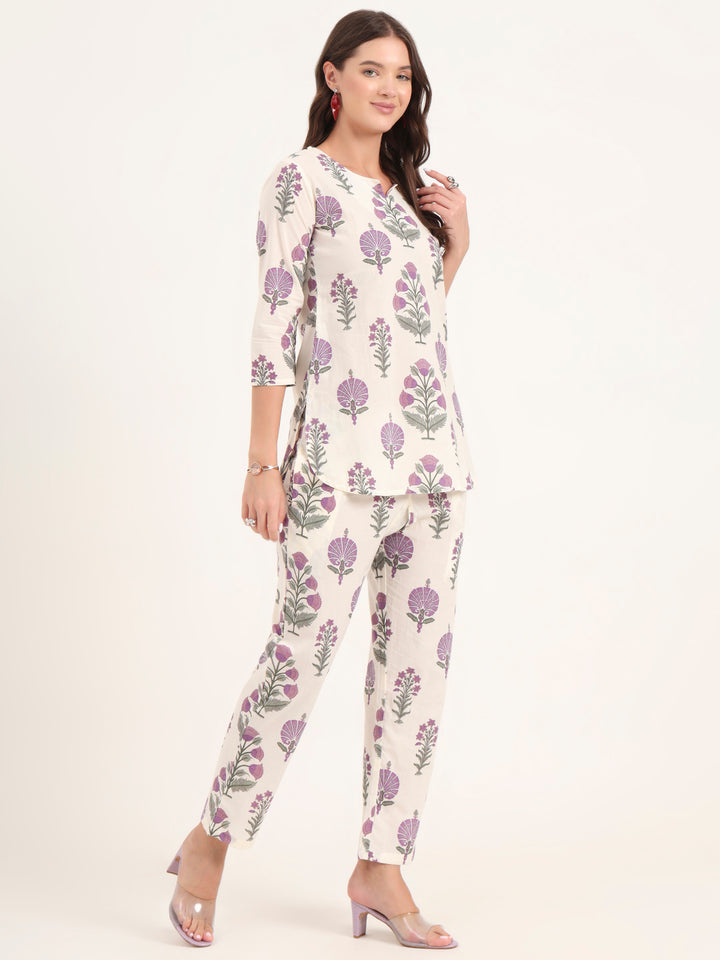 Divena Cream Printed Cotton Night Suit Sets