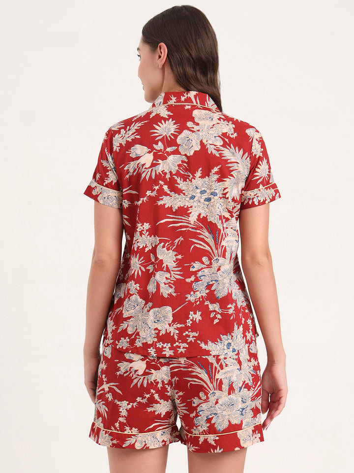 Divena Red Cotton Shirt and Shorts Night Suits