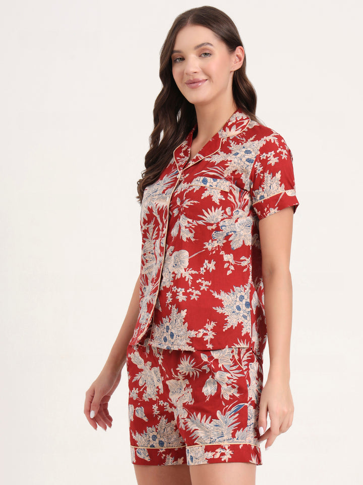Divena Red Cotton Shirt and Shorts Night Suits