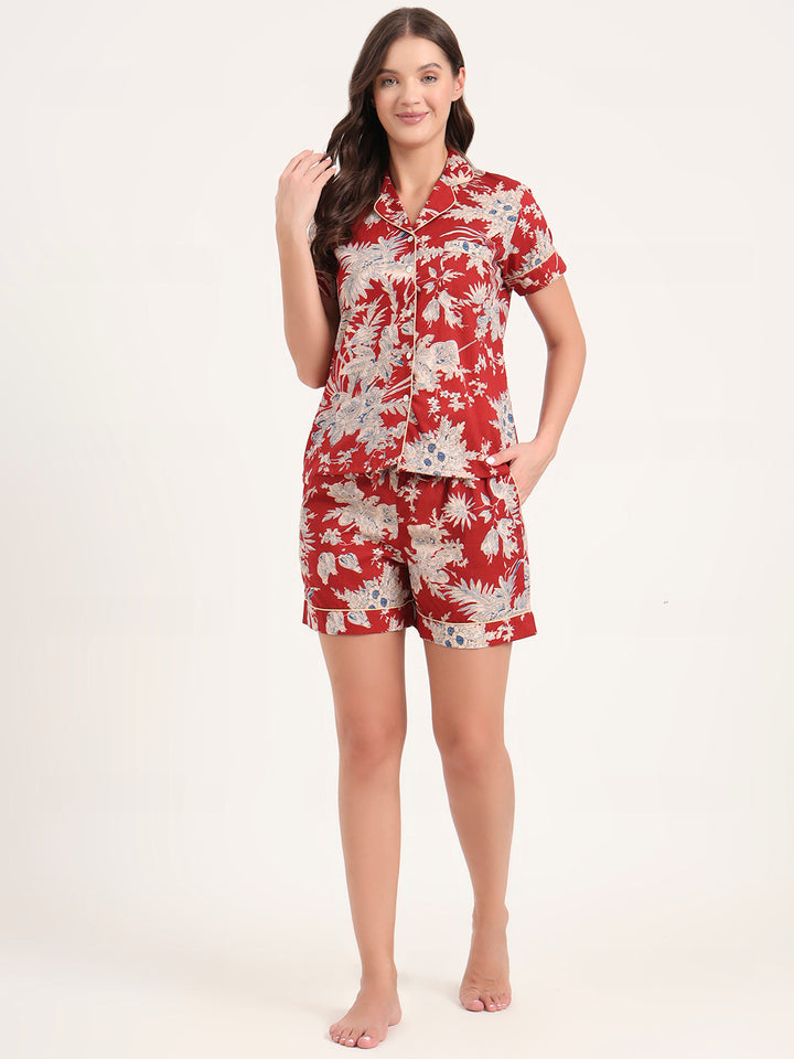 Divena Red Cotton Shirt and Shorts Night Suits