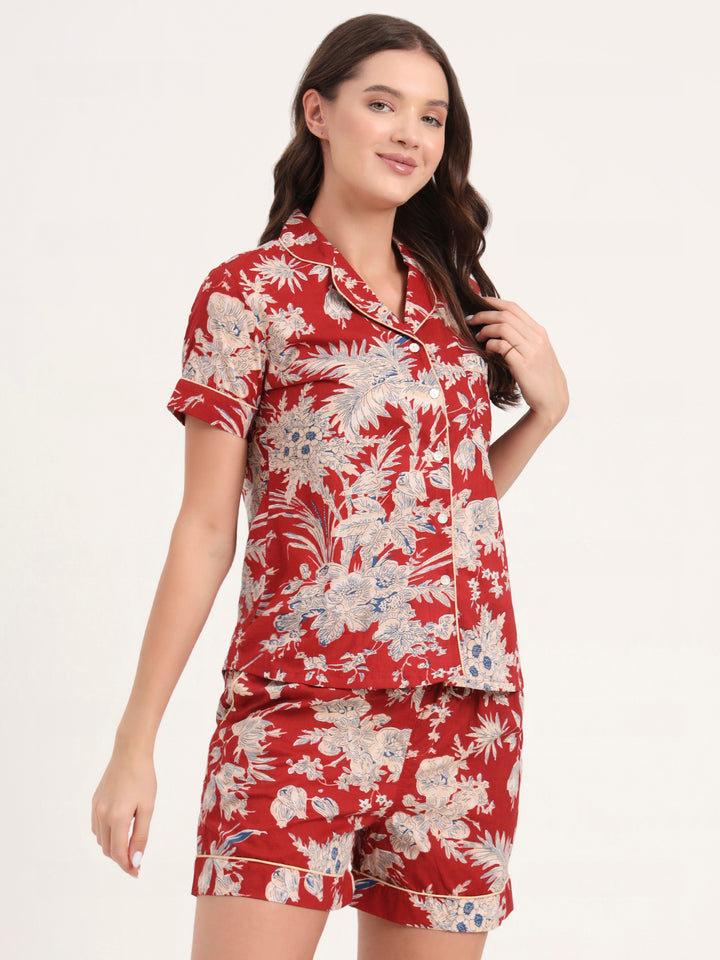 Divena Red Cotton Shirt and Shorts Night Suits