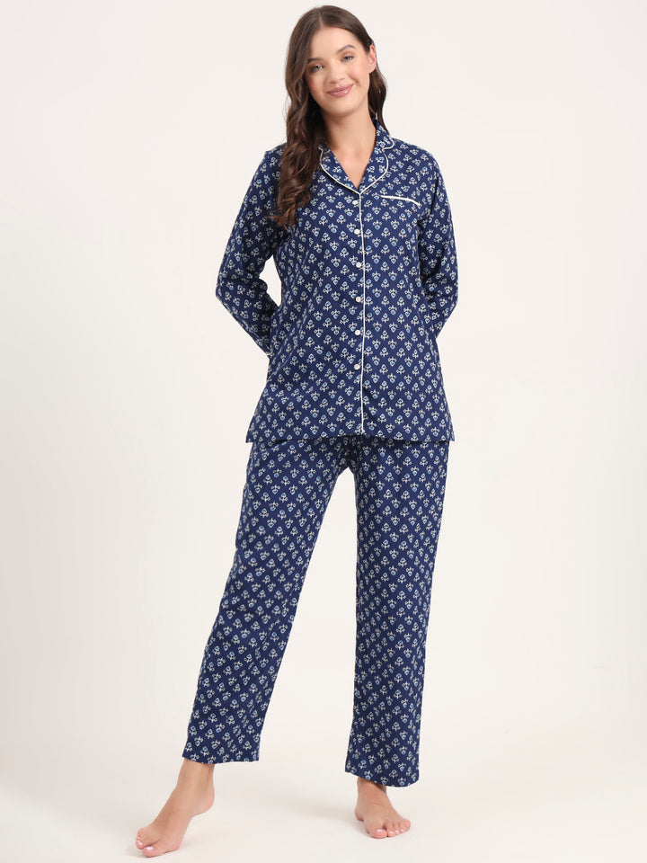 Divena Blue Cotton Printed Night Suits