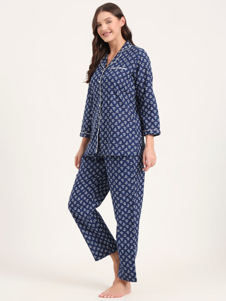 Divena Blue Cotton Printed Night Suits