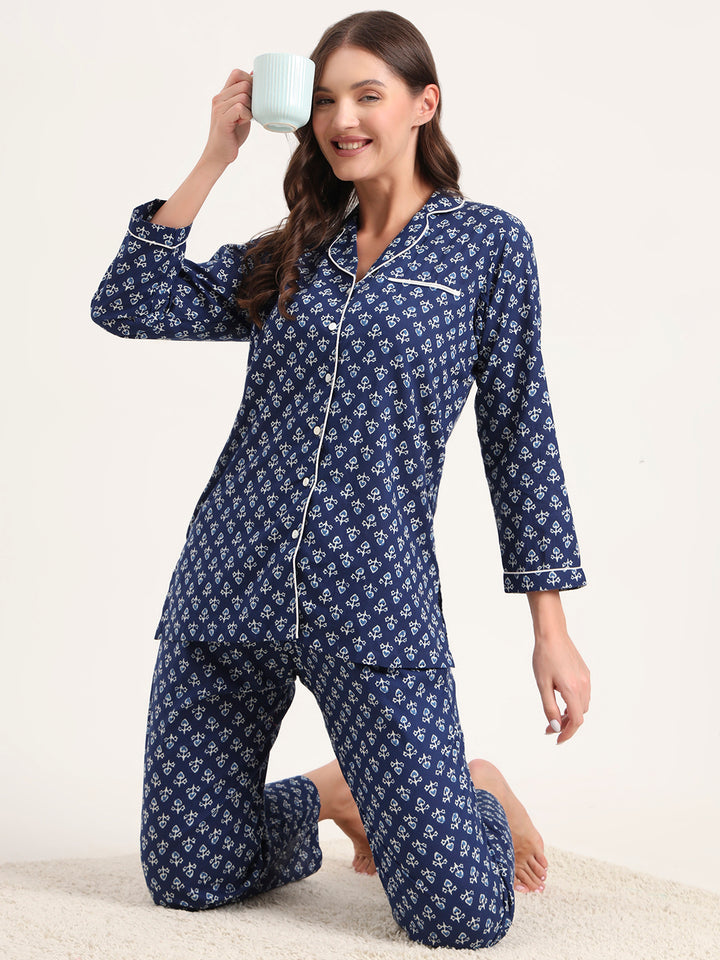 Divena Blue Cotton Printed Night Suits