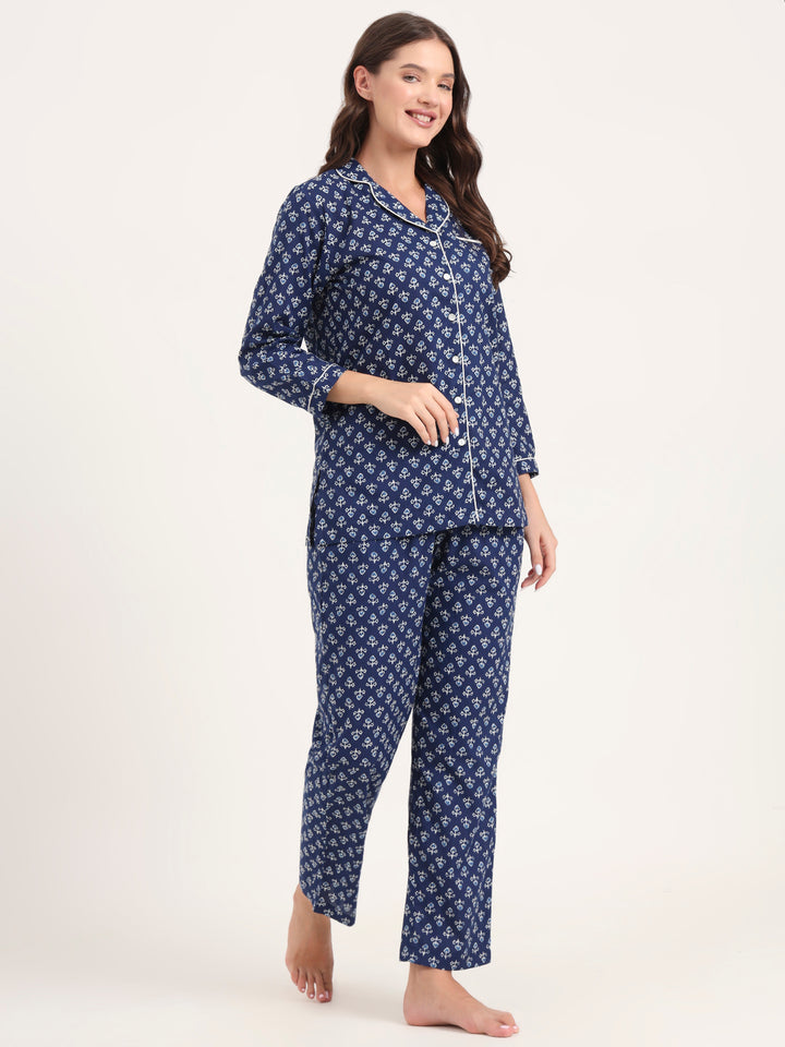 Divena Blue Cotton Printed Night Suits